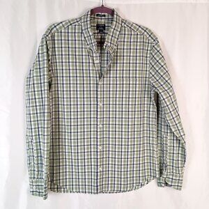J.Crew Flex Washed Plaid Button Down Shirt L Blue Green Stretch